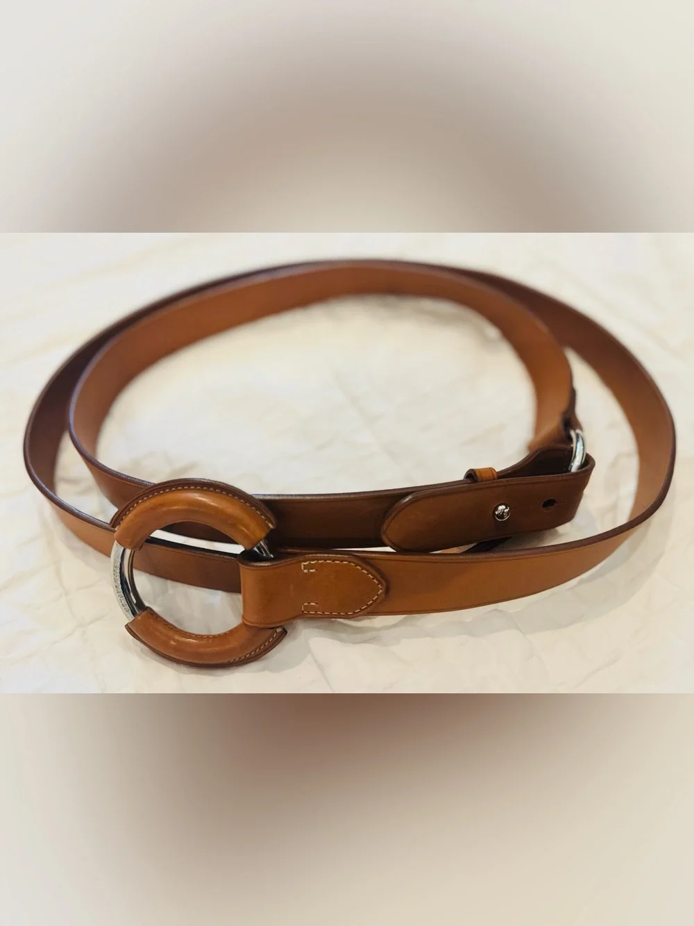 RALPH LAUREN Leather O-Ring Double Wrap Belt Equestrian Tan Brown Large